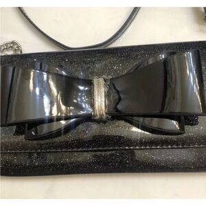 Betsy Johnson Black Glitter Crossbody Clutch Ribbon Bow Purse NWOT "Xolyla Bow”